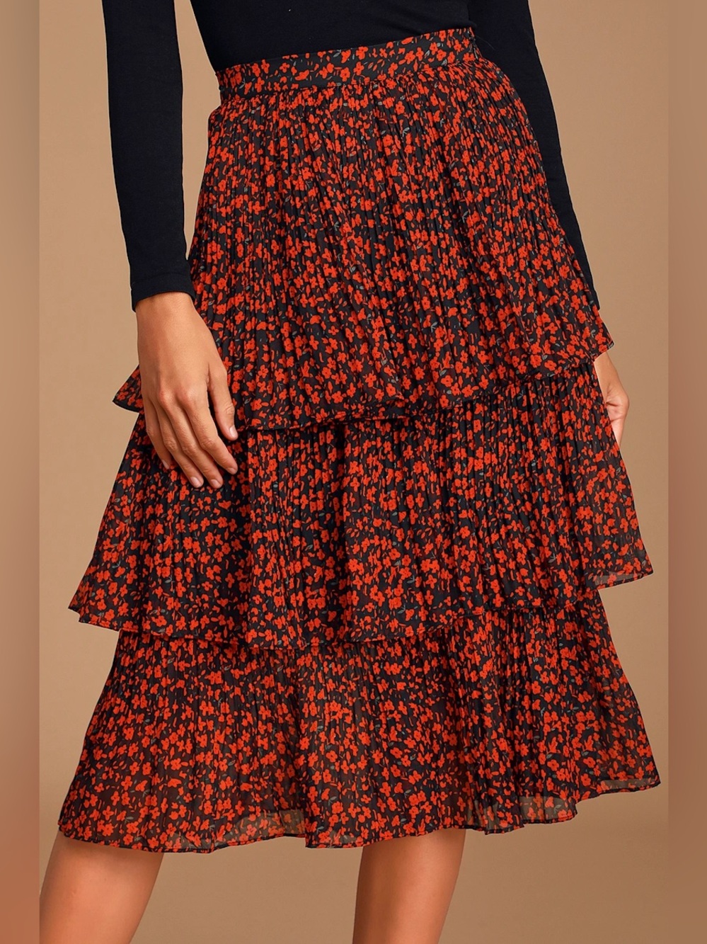 Lulus Womens Duarte Floral Print Pleated Tiered Midi Skirt Size XS Black and Red
